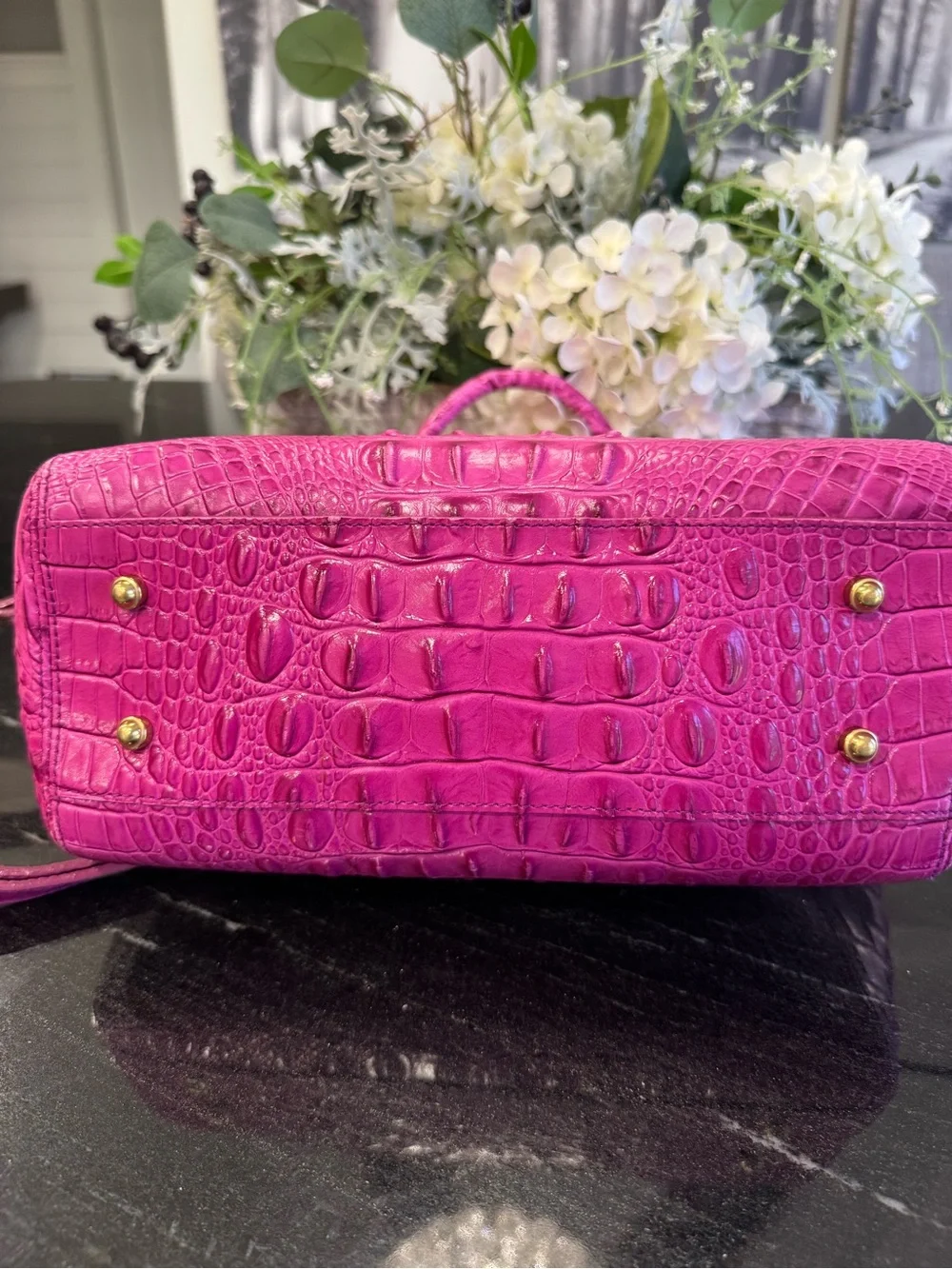 🩷🐊Brahmin Mini Asher Satchel Fuchsia Croc Embossed Leather Crossbody Pink